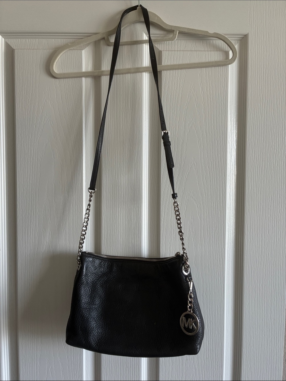Michael Kors Black Pebbled Leather Shoulder Bag with Silver Chain
